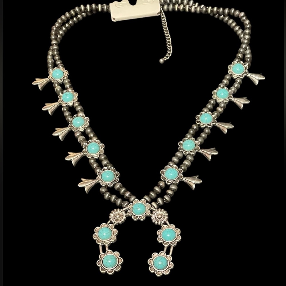 Squash Blossom Necklace Turquoise/Silver - Picture 2 of 11